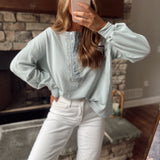 Jazzy Dusty Blue Embroidered French Terry Long Sleeve Henley