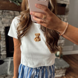 White Teddy Bear Embroidered Round Neck Baby Tee