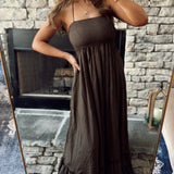 On My Level Mocha Open Back Smocked Tiered Maxi