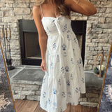 Harmony White/Blue Floral Embroidered Front Tie Maxi