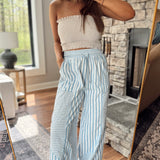 Blue Striped Cotton Drawstring Pants