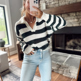 Hunter Green Striped V Neck Knit Top