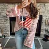POL Pink American Flag Hooded Crochet Knit Pullover