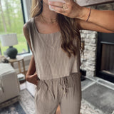 My Time Fawn White Linen Square Neck Tank