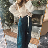 Teal Blue Washed Corduroy Pleated Barrel Pants