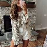 Courtney Natural Crochet Knit Long Sleeve Pullover