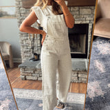 Cream/Taupe Gingham Denim Overalls