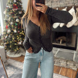 Charcoal Lace Trimmed Button Top