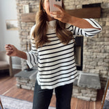 Cream Striped Mock Neck Sweater
