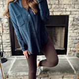 Navy Raw Edge Button Down Shacket