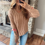 Mocha Flower Embroidered Cable Sweater Top