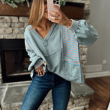 Tracey Blue Multi Stripe V-Neck Pullover Sweater w/ Side Pockets