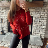 Forest Red Pearled Tree Crew Sweater
