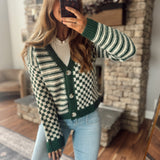 Dark Green Check & Stripe Contrast Cardigan