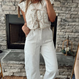 Trend Maker Ivory Balloon Fit Snap Button Straight Ankle Denim