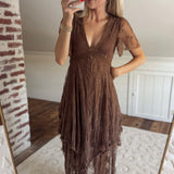 Brown Embellished Lace Hem Midi Dress