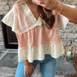 Micro Blooms Salmon Pink Floral Embroidered Linen Top