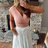 Tee'd Up Coral V Neck Lace Scalloped Edge Top