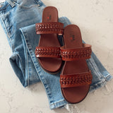 Cognac Brown Wedge Heel Double Braided Strap Sandal