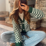 Dark Green Check & Stripe Contrast Cardigan