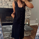 Karly Black Sleeveless Button Down Midi with Built in Bralette