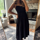 Black Rhea Sweetheart Smocked Bow Strap Midi