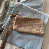 Taupe Suede Emma Woven Clutch Wristlet