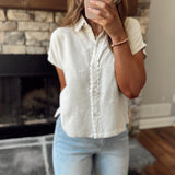 Natural Bow Trim Edge Soft Linen Button Down