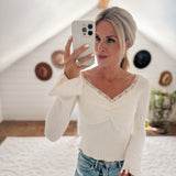 Sweet Angel Cream Feather Knit Cropped Baby Doll Long Sleeve Top