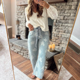 Floral Denim Braided Belt Pants