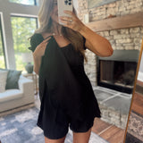 Black Puff Sleeve Tie Waist Romper