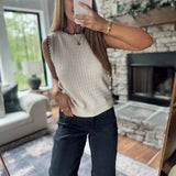 Oatmeal Stitch Trim Pointelle Sleeveless Top
