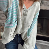 Olive Multi Tracey Stripe V-Neck Pullover Sweater w/ Side Pockets