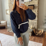 Navy Zenia Plaid Trim Pullover