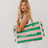 Bubblegum Pink/Emerald Striped Summer Beach Tote Bag