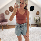 Light Denim Gathered Waist Shorts