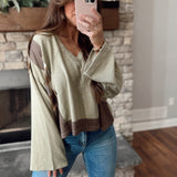 Rustic Olive Plaid Patch Work V-Neck Cropped Knit