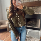 Dark Olive Floral Embroidered Cable Knit Sweater
