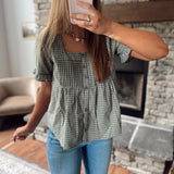 Olive/White Plaid Button Up Blouse