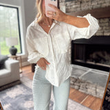 Going West Off White Flower Eyelet Ruffle Pocket Button Down