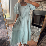 Breeze Belt Puff Sleeve Gauze Midi