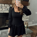 Darlene Black U-Neck Long Sleeve Tiered Dress