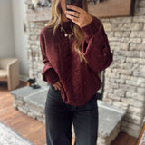 Burgundy Cable Pointelle Puff Sleeve Sweater