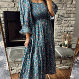 Addison Teal Floral Puff Sleeve Smocked Maxi