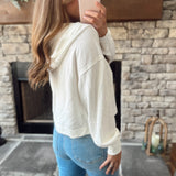 Off White Hooded Split Neck Long Sleeve