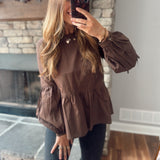Dark Brown Peplum Puff Blouse