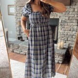 Navy & Pink Plaid Puff Midi Dress