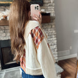 Rustic Cream Multi Plaid Patch Work V-Neck Cropped Knit