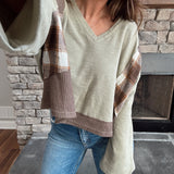 Rustic Olive Plaid Patch Work V-Neck Cropped Knit