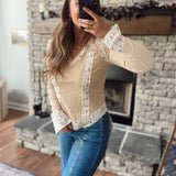 Nude Print Patch Ruffle Ribbed Long Sleeve